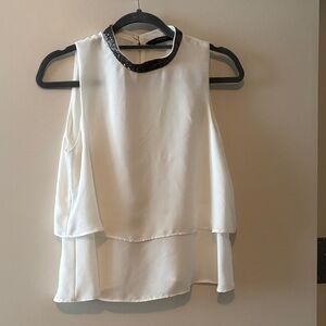 Zara White Layered Top with Black Sequin Collar